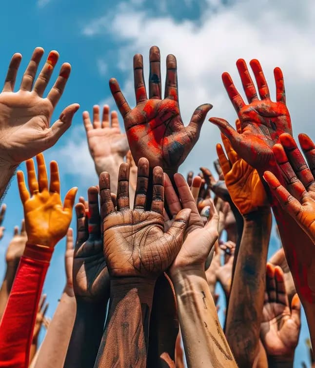 Viele Hände teils bemalt in verschiedenen Farben werden gemeinsam hochgestreckt 