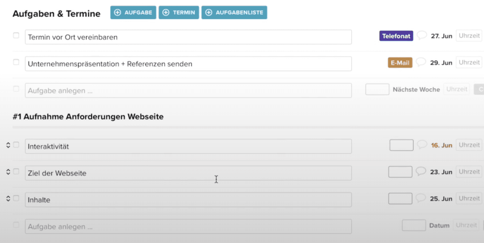 Screenshot des CentralStation CRM: Verwaltung von Aufgaben und Terminen