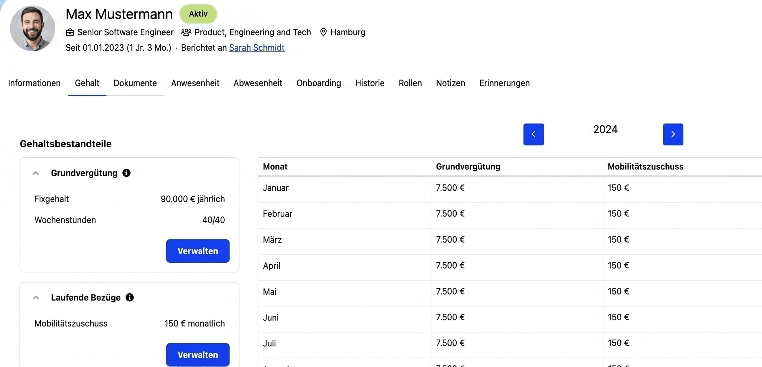 Screenshot von Personio: HR-Übersicht zu Mitarbeiter und Vergütung