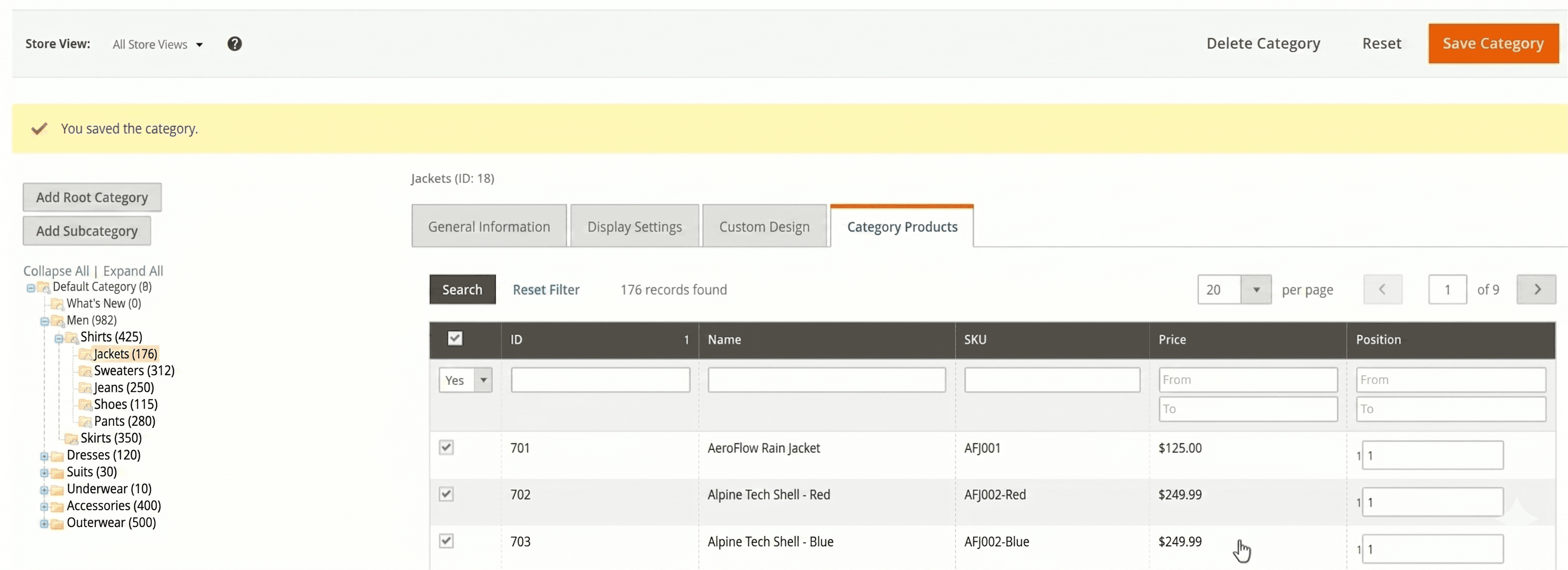 Screenshot von Magento: Produktübersicht in der Datenbank