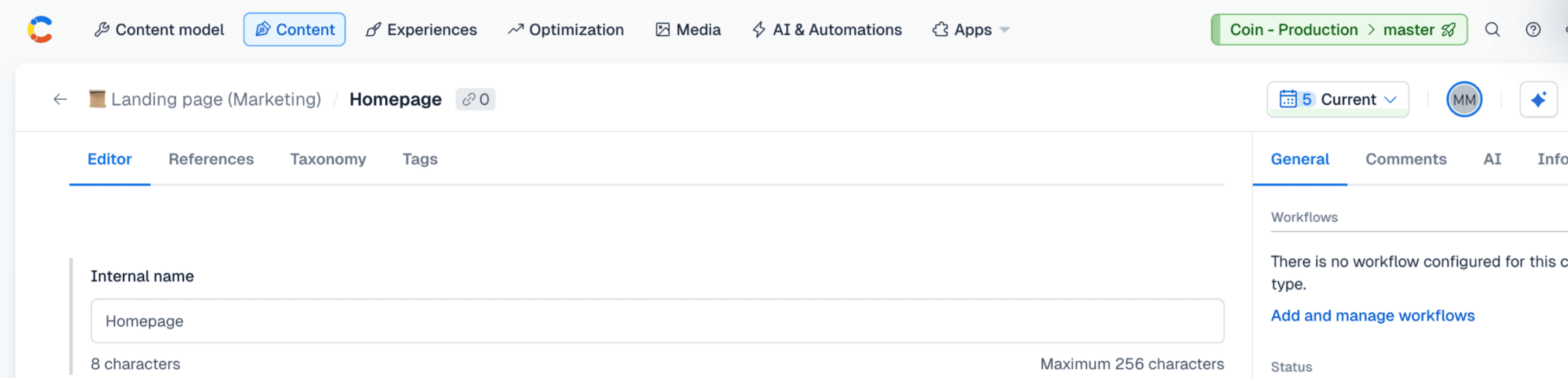 Screenshot von Contentful