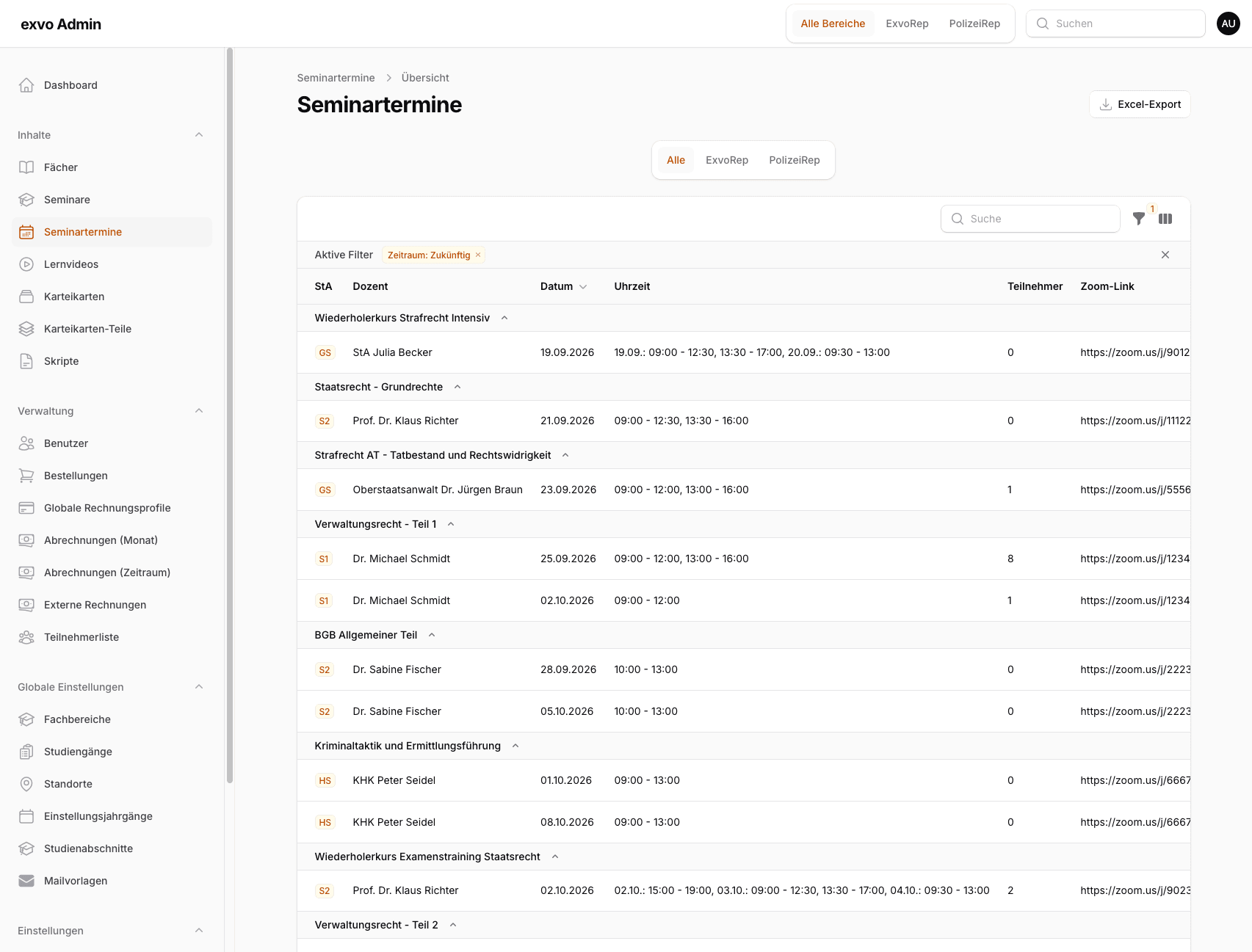 Anzeige von Seminarterminen in einem Admindashboard mit rechter Seitennavigation