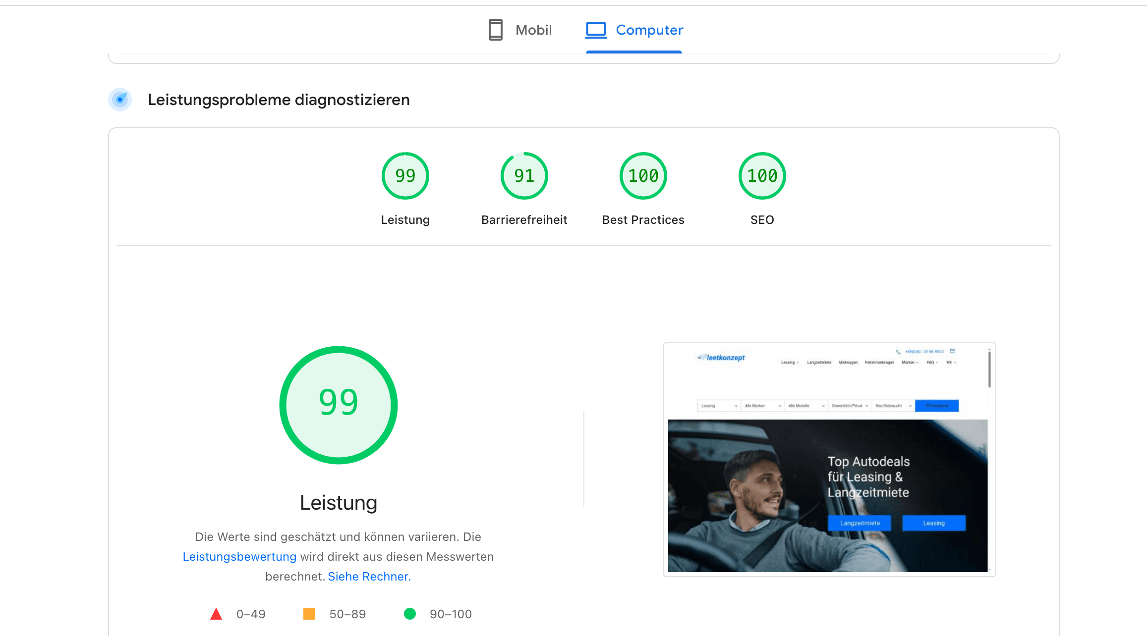 Google Page Speed Ergebnis: 99 Leistung, 91 Barrierefreiheit, 100 SEO