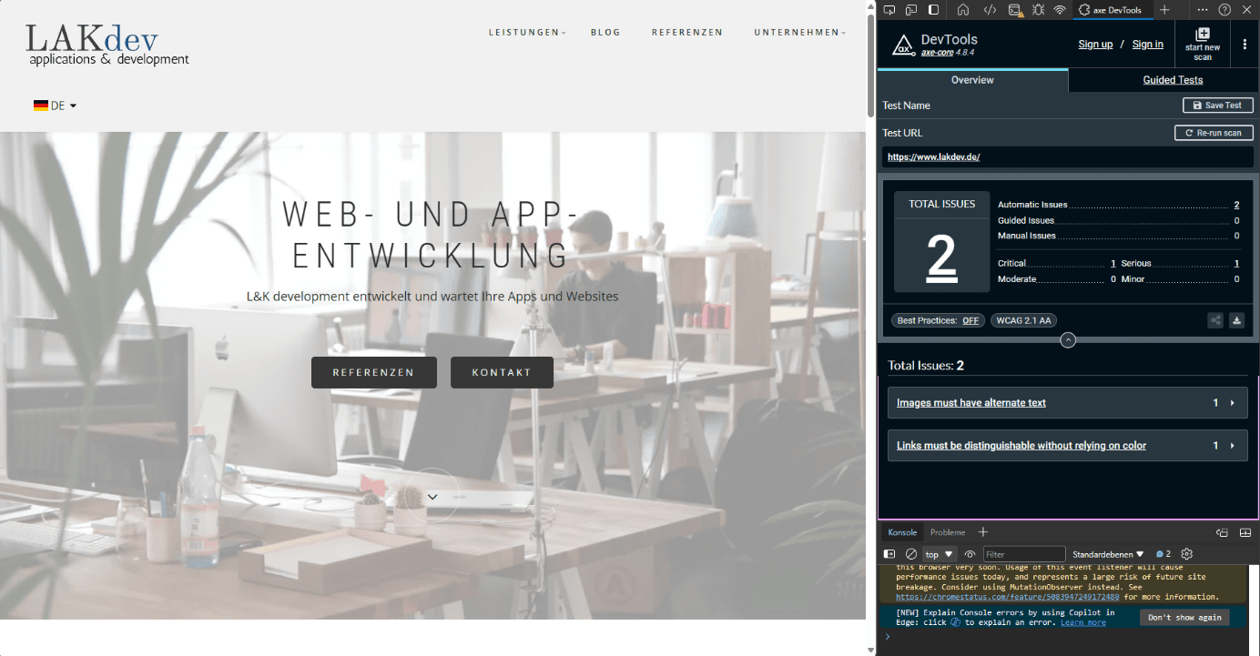 Axe DevTools ist in dem Untersuchen-Tab des Browsers zu finden, bei dem auch das HTML der Website zu sehen ist.