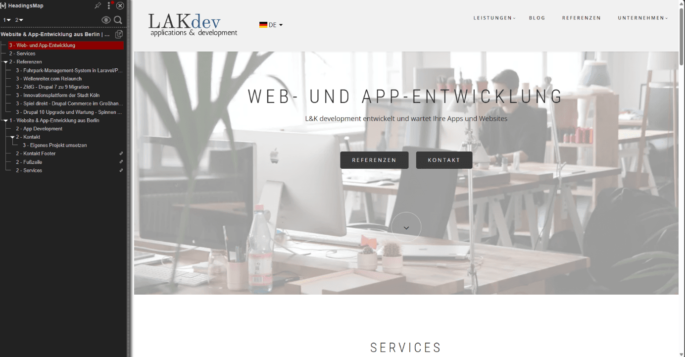 Bei Öffnen der Headings Map Erweiterung wird eine Liste aller Überschriften und deren Stufen angezeigt.