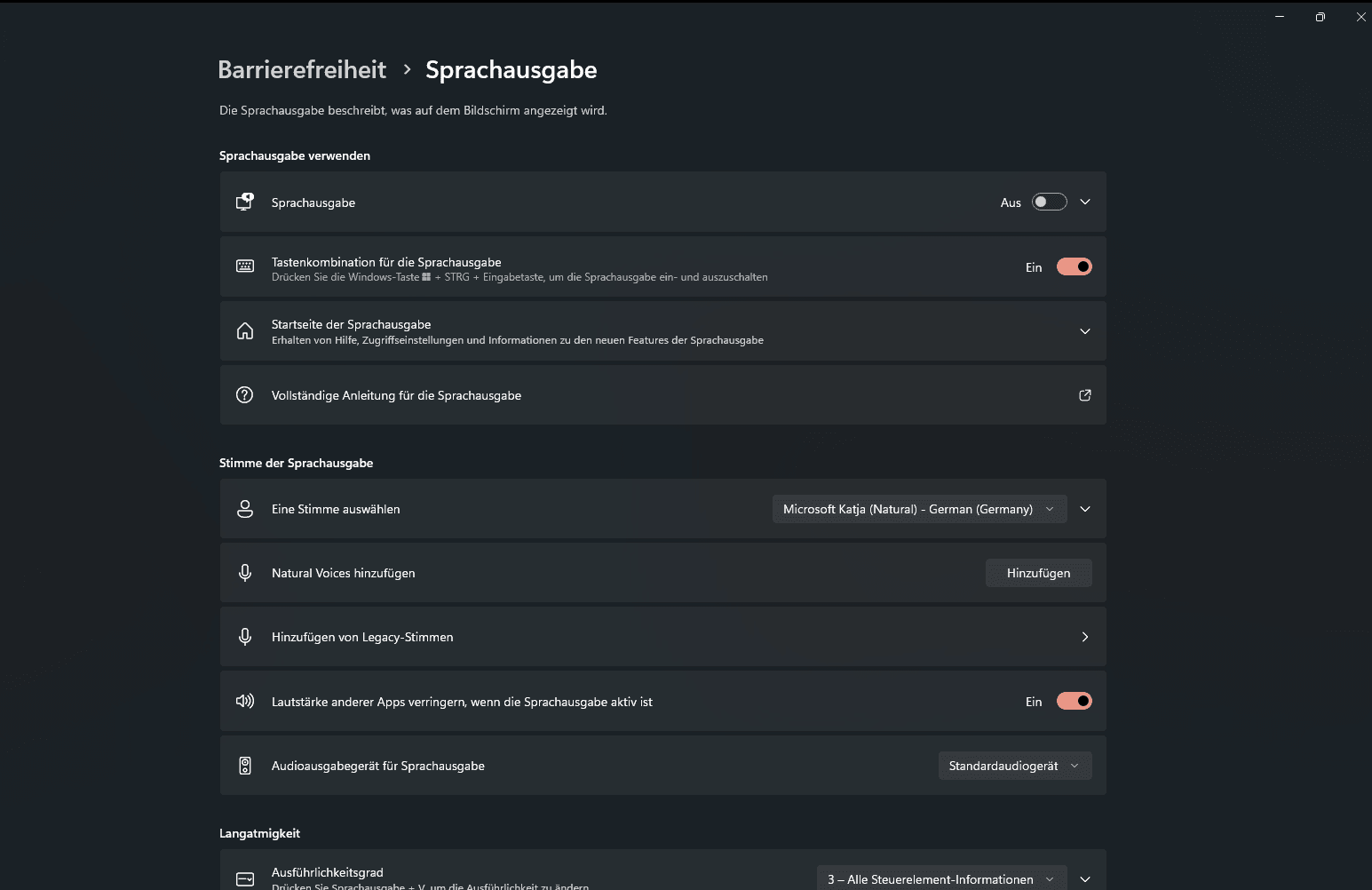 In den Barrierefreiheitseinstellungen von Windows heißt der Screenreader Sprachausgabe.