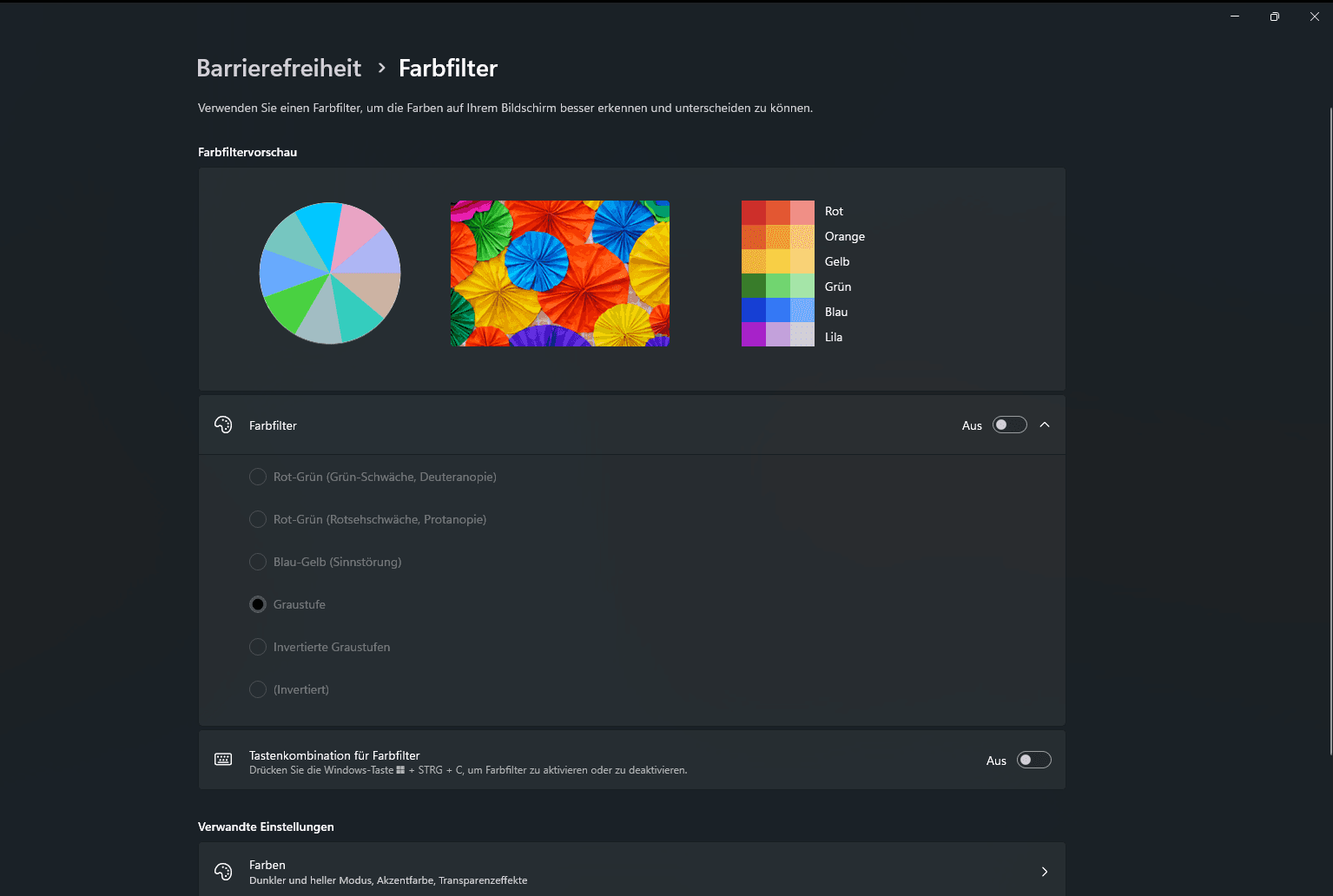 Die Farbfilter von Windows bieten Optionen für Grün-Schwäche, Rotsehschwäche, Sinnstörung, Graustufen, Invertierten Graustufen oder Invertierten Farben.