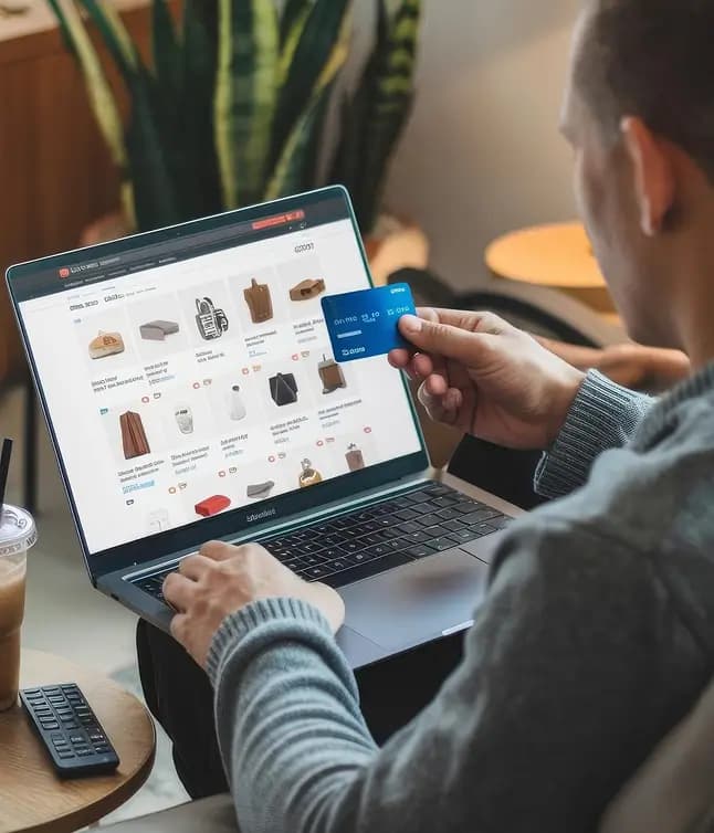 Person kauft am Laptop mit Kreditkarte ein