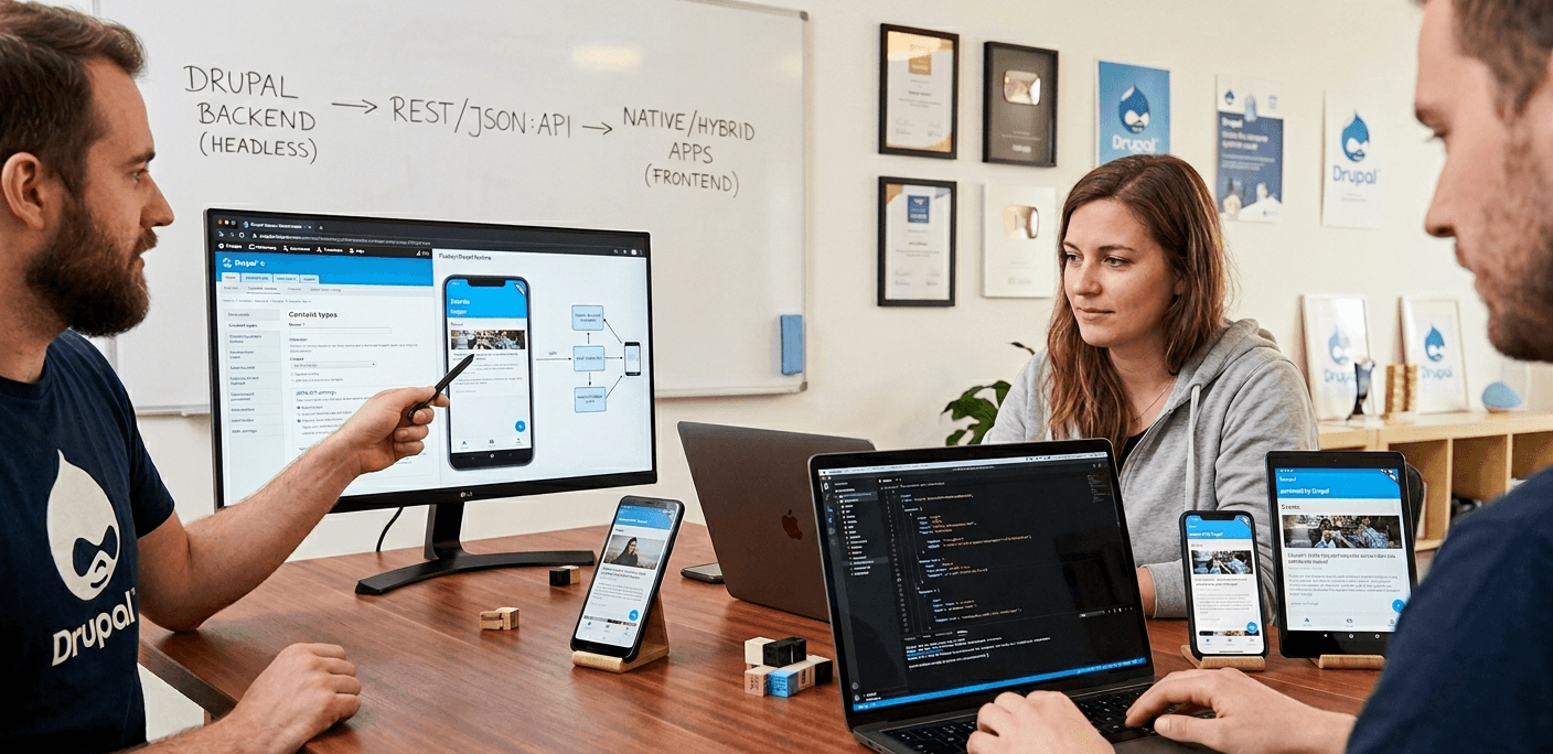 Team plant die Entwicklung einer Drupal App am Schreibtisch