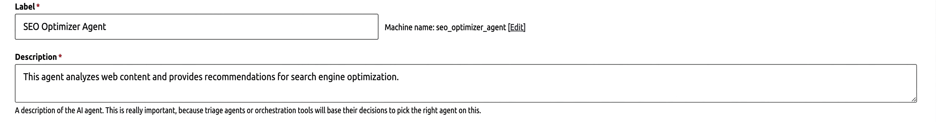Interface für die Bearbeitung eines Drupal AI Agent mit Label und Beschreibung