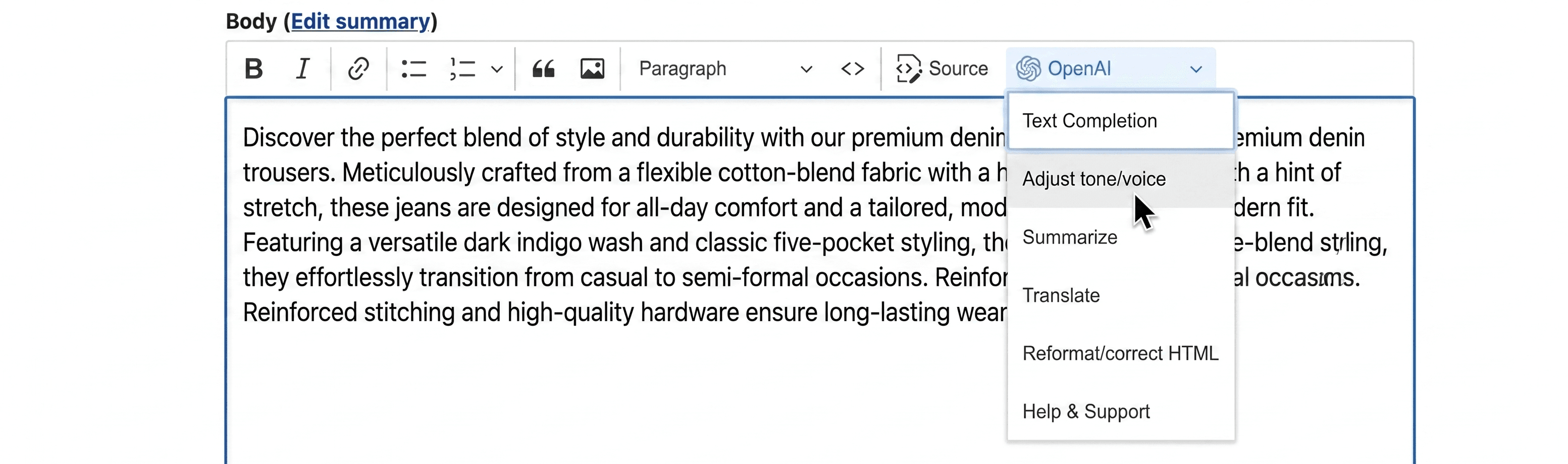 Beispiel für Texterstellung mit AI Content Suggestions