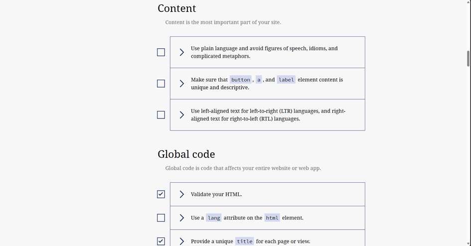 Die WCAG-Checkliste des a11y-Projekts. Es sind verschiedene Punkte zum Inhalt und globalen HTML zu sehen. Davon sind einige Punkte abgehakt.