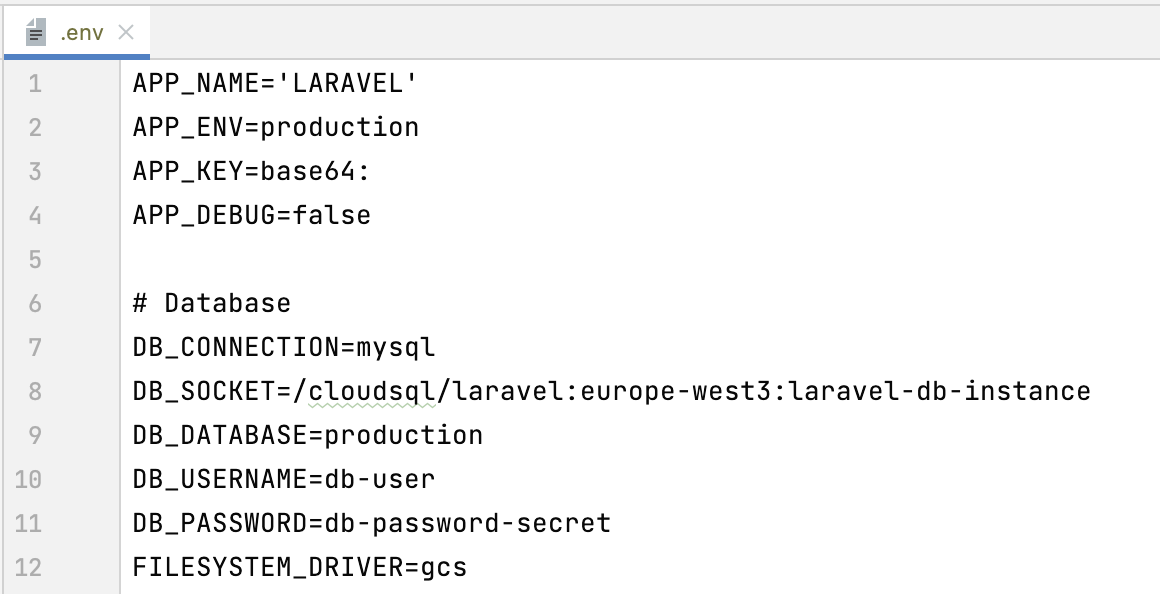 Laravel .env Datei mit Datenbankname, Datenbankpasswort und Einstellung zur Umgebung