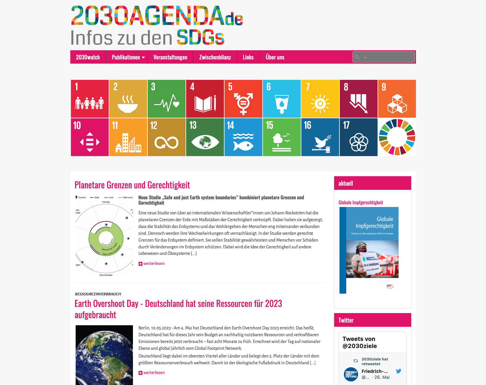 Startseite der 2030 Agenda Website