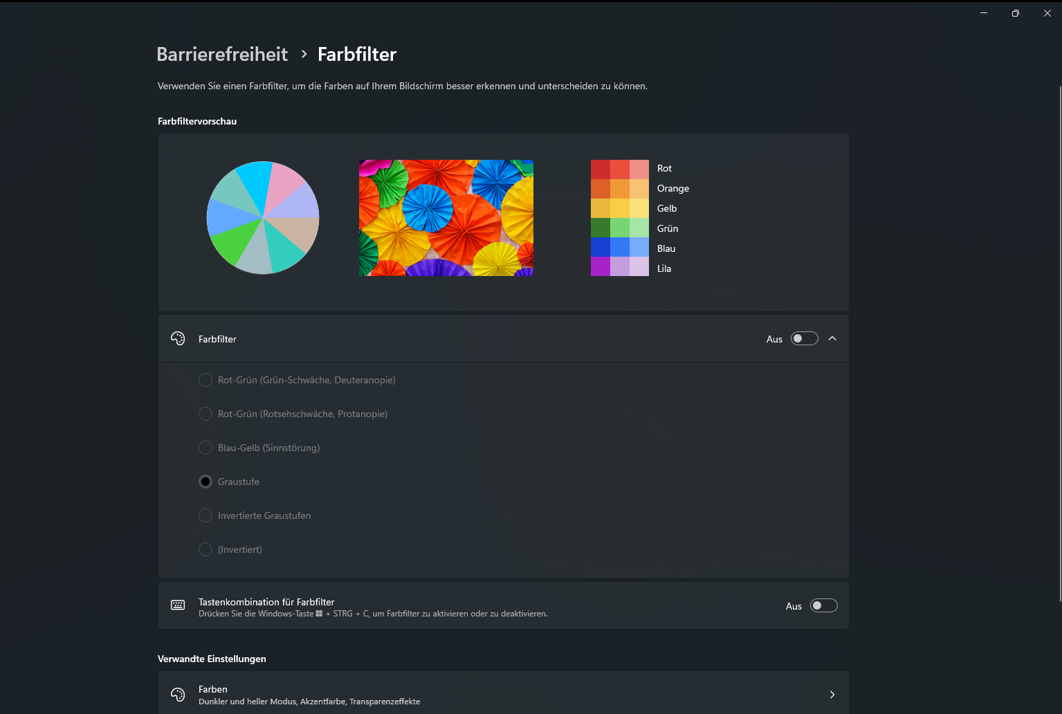 Die Farbfilter von Windows bieten Optionen für Grün-Schwäche, Rotsehschwäche, Sinnstörung, Graustufen, Invertierten Graustufen oder Invertierten Farben.